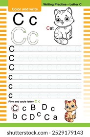 vetor de design plano bonito alfabeto colorido aprende ABC Inglês flashcard imprimível para a atividade das crianças, Carta C, colorir desenhos animados animais, A-Z carta escrita prática, Cat cartoon.