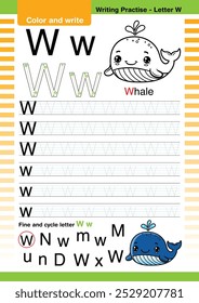 vetor de design plano bonito alfabeto colorido aprende ABC Inglês flashcard imprimível para a atividade das crianças, Carta W, Colorir desenhos animados animais, A-Z carta escrita prática, Whale cartoon.