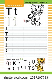 flat design vector cute colorful alphabet learns ABC English flashcard printable for kids activity, Letter T, Coloring animal cartoon, A-Z letter writing practice, Tiger cartoon.