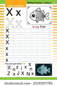 vetor de design plano bonito alfabeto colorido aprende ABC Inglês flashcard imprimível para a atividade das crianças, Carta X, Colorir desenhos animados animais, A-Z carta escrita prática, X-ray Fish cartoon.