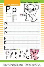 vetor de design plano alfabeto colorido bonito aprender ABC Inglês flashcard imprimível para a atividade das crianças, Carta P, colorir desenhos animados animais, A-Z carta escrita prática, Pig cartoon