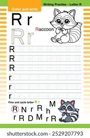 vetor de design plano alfabeto colorido bonito aprender ABC Inglês flashcard imprimível para a atividade das crianças, Carta R, Colorir desenhos animados animais, A-Z carta escrita prática, Raccoon