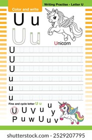 Vector de diseño plano lindo alfabeto colorido aprende ABC Inglés flashcard imprimible para la actividad de los niños, Carta U, Dibujos animados de animales para colorear, A-Z letra de escritura práctica, dibujos animados Unicornio.