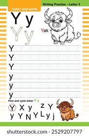 vetor de design plano bonito alfabeto colorido aprende ABC Inglês flashcard imprimível para a atividade das crianças, Letra Y, Colorir desenhos animados animais, A-Z carta escrita prática, Yak cartoon.