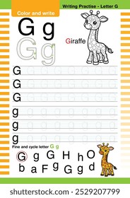 vetor de design plano bonito colorido Giraffe aprende ABC Inglês flashcard imprimível para crianças atividade, Carta G, colorir desenhos animados animais, A-Z carta escrita prática, Giraffe cartoon