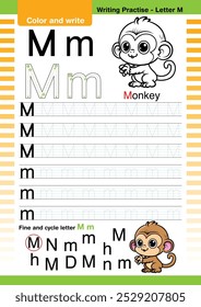 vetor de design plano bonito alfabeto colorido aprende ABC Inglês flashcard imprimível para a atividade das crianças, Carta M, Colorir desenhos animados animais, A-Z carta escrita prática, Macaco cartoon.