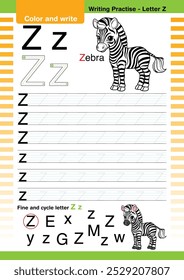 flat design vector cute colorful alphabet learns ABC English flashcard printable for kids activity, Letter Z, Coloring animal cartoon, A-Z letter writing practice, Zebra cartoon.