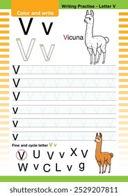 vetor de design plano bonito alfabeto colorido aprende ABC Inglês flashcard imprimível para a atividade das crianças, Carta V, colorir desenhos animados animais, A-Z carta escrita prática, Vicuna cartoon.