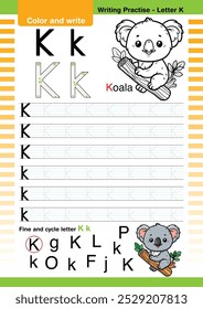 vetor de design plano bonito alfabeto colorido aprende ABC Inglês flashcard imprimível para a atividade das crianças, Carta K, Colorir desenhos animados animais, A-Z carta escrita prática, Koala cartoon.