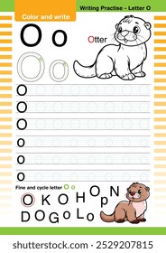 vetor de design plano bonito alfabeto colorido aprende ABC Inglês flashcard imprimível para a atividade das crianças, Carta O, Colorir desenhos animados animais, A-Z carta escrita prática, Otter cartoon.