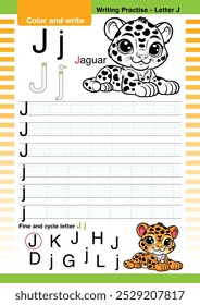 vetor de design plano bonito alfabeto colorido aprende ABC Inglês flashcard imprimível para a atividade das crianças, Carta J, colorir desenhos animados animais, A-Z carta escrita prática, desenho animado Jaguar.