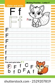 vetor de design plano bonito alfabeto colorido aprende ABC Inglês flashcard imprimível para a atividade das crianças, Letra F, colorir desenhos animados animais, A-Z carta escrita prática. Quadrinho da Fox