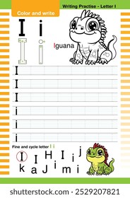 vetor de design plano bonito alfabeto colorido aprende ABC Inglês flashcard imprimível para a atividade das crianças, Carta I, Colorir desenhos animados animais, A-Z carta escrevendo prática, Iguana cartoon.