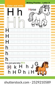 Vector de diseño plano lindo alfabeto colorido aprende ABC Inglés flashcard imprimible para la actividad de los niños, Letra H, Dibujos animados de animales para colorear, A-Z letra de escritura práctica, Dibujos animados de caballos