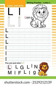 Vector de diseño plano lindo alfabeto colorido aprende ABC Inglés flashcard imprimible para la actividad de los niños, Letra C, Dibujos animados de animales para colorear, A-Z letra de escritura práctica, Lion dibujos animados.