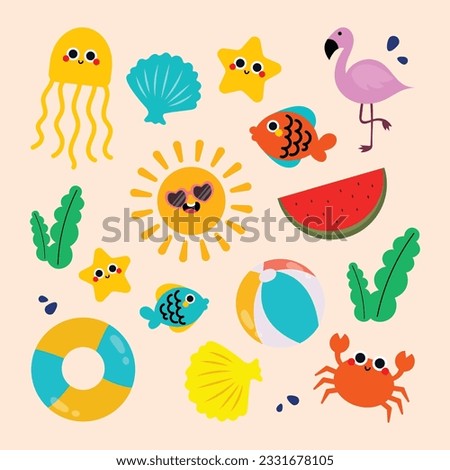 flat design vector cute colorful beach sea summer element sticker collection set