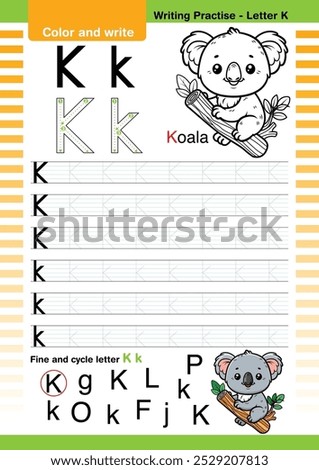 flat design vector cute colorful alphabet learns ABC English flashcard printable for kids activity, Letter K, Coloring animal cartoon, A-Z letter writing practice, Koala cartoon.
