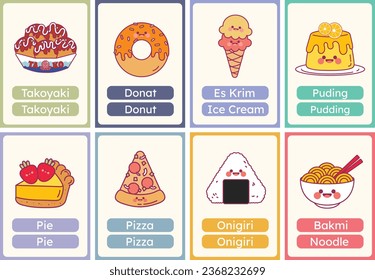 flat design vector cute food flashcard studying learn printable for kids activity