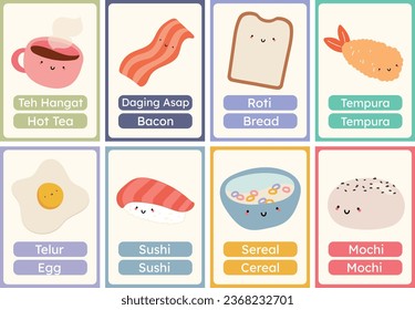 flat design vector cute food flashcard studying learn printable for kids activity