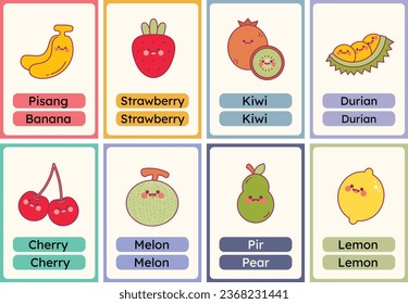 flat design vector cute fruits flashcard studying learn printable for kids activity