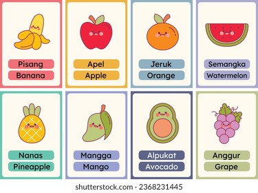 flat design vector cute fruits flashcard studying learn printable for kids activity