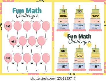 flat design vector cute fun learning math addiction counting printable worksheet for kids activity