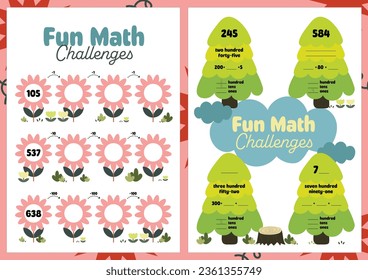 flat design vector cute fun learning math addiction counting printable worksheet for kids activity