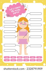 flat design vector cute girl name the body part printable activity for kids