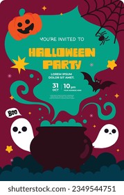 flat design vector cute happy halloween invitation card template illustration