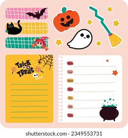 flat design vector cute happy halloween journal planner notes template illustration