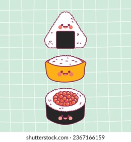flat design vector cute kawaii colorful sushi japanese food illustration collection