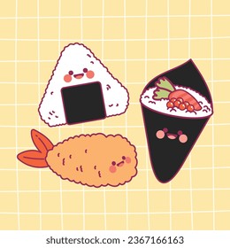 flat design vector cute kawaii colorful sushi japanese food illustration collection