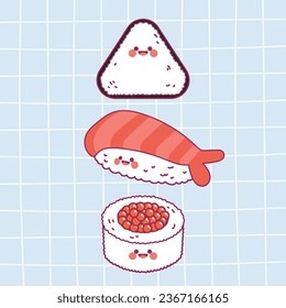 flat design vector cute kawaii colorful sushi japanese food illustration collection