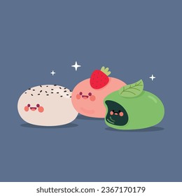 flat design vector cute kawaii colorful sweets snack food mochi daifuku illustration collection