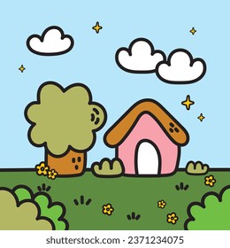 vector de diseño plano lindo kawaii colorido dibujo de la casa de árbol
