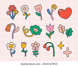 flat design vector cute kawaii colorful flower floral collection set
