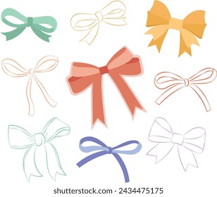 flat design vector cute kawaii bow ribbon gift doodle cartoon drawing art set collection