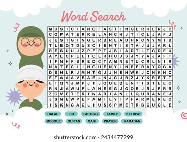 flat design vector cute kawaii Eid Mubarak ramadan crossword word search worksheet printable for kids activity