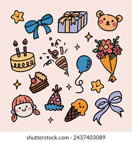 flat design vector cute kawaii birthday element drawing illustration collection