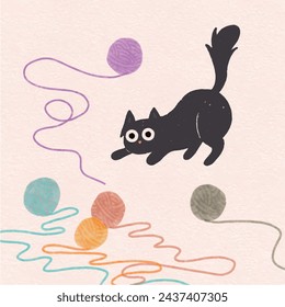 flat design vector cute kawaii black cat playing with yarn