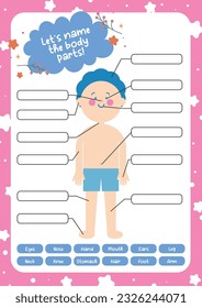 flat design vector cute kids worksheet name the body parts