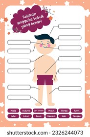 flat design vector cute kids worksheet name the body parts