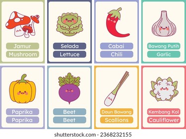 flat design vector cute veggie vegetable flashcard studying learn printable for kids activity