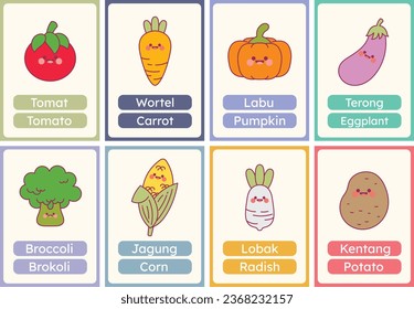 flat design vector cute veggie vegetable flashcard studying learn printable for kids activity