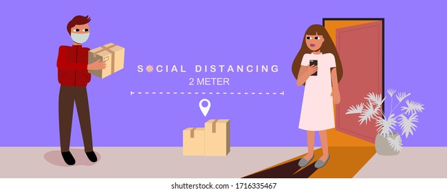 Flat design vector delivery man and customer do social distancing . Illustration quarantine time.