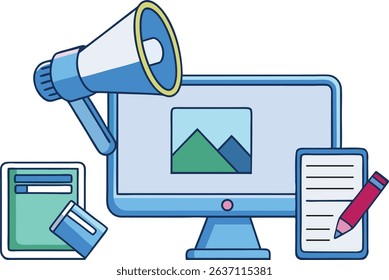 Flat design vector of digital marketing concept with computer, megaphone, notebook, and credit card. Ideal for SEO, content creation, and online strategy visuals. Clean, modern, and colorful style.