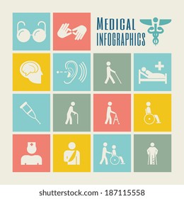 Flat design vector disability infographic elements. Infographic elements includes vector icons: disabled person with crutches, blind and deaf person with a disability, disabled person in a wheelchair.