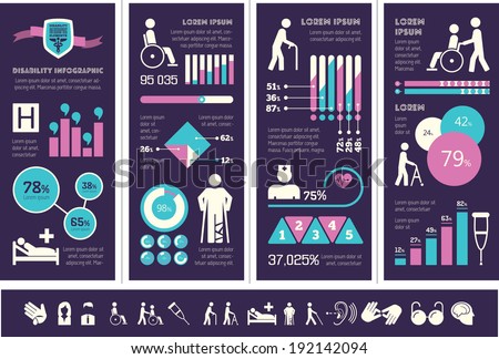 Flat design vector disability infographic. Web infographic template for medical design. Web infographic Includes vector elements: diagrams, charts, disability icon set, infographic illustrations.