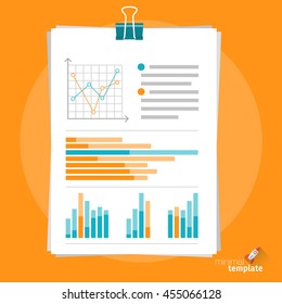 Flat design vector document clipboard icon  for application interface, presentation, web design and mobile app. Office document chart icon. Clipped papers icon with charts and infographics.