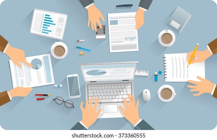 Flat design, vector draw illustration.  Isolated objects. In office business meeting at working table. Group of person, technical devices, paper, documentation. 